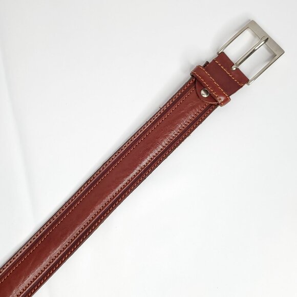Mens Leather Belt Sz 40 Cognac Brown Accent Stitching Silver Tone Buckle Italy - Picture 2 of 5
